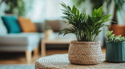 Fototapeta premium Contemporary Home Decor: Potted Plant on Woven Basket