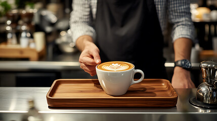 A barista is holding a white coffee cup with a leaf design on it
