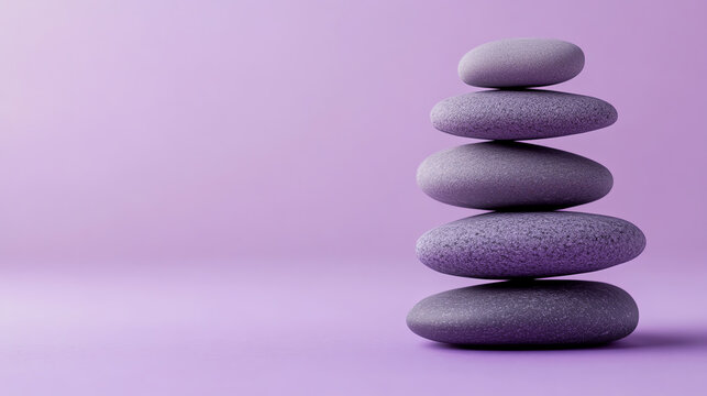 A harmonious stack of smooth, purple stones against a soft purple background, symbolizing balance and tranquility.