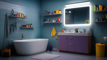 modern bathroom featuring freestanding tub, vibrant blue tiles, and stylish vanity. space is well organized with various toiletries and bright mirror, creating cheerful atmosphere