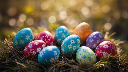 Group of Easter eggs dyed with bright colors and painted white flowers with a green grass and bokeh sunlight background