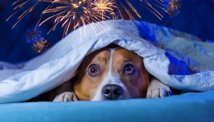 A frightened dog hiding under blankets, scared of fireworks