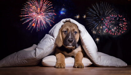A frightened dog hiding under blankets, scared of fireworks