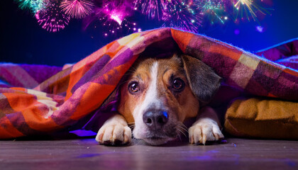 A frightened dog hiding under blankets, scared of fireworks