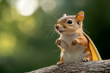 A squirrel is standing on a tree branch and looking at the camera