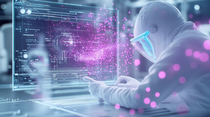 futuristic technician in protective suit interacts with holographic data, surrounded by vibrant purple hues and digital elements, showcasing advanced technology
