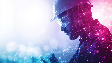 skilled worker in hard hat and safety glasses, immersed in technology, symbolizes innovation and progress in construction industry
