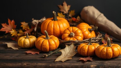 Small pumpkins arranged neatly on a rustic wooden table against a dark black background, black background, farm, autumn