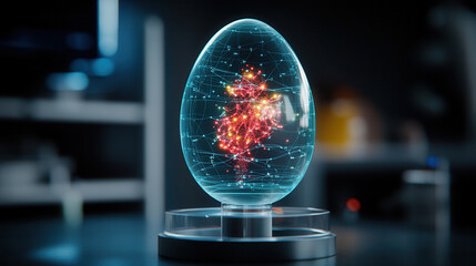 glowing blue egg shaped object with vibrant energy patterns inside, symbolizing innovation and technology