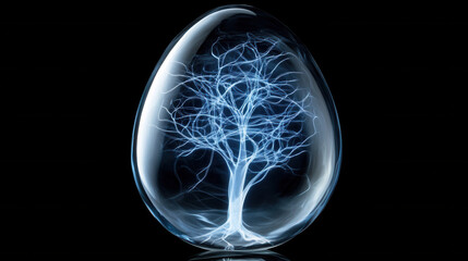 deep blue egg shaped object contains intricate glowing tree design, symbolizing life and energy. contrast against black background enhances its ethereal beauty