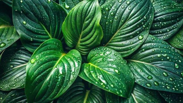 Water droplets on large green leaves of lush greenery