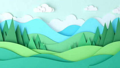 Obraz premium Layered paper landscape background, multiple layers of cut-out paper in shades of green and blue forming hills, trees, and clouds, creating a 3D depth effect, soft and tactile.