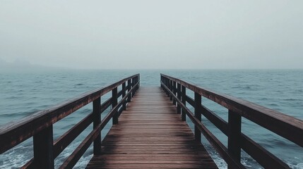 Fototapeta premium Serene Wooden Pier Over Calm Water in Foggy Environment