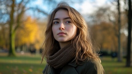 Fototapeta premium A young woman with wavy hair gazes thoughtfully in a park during autumn.