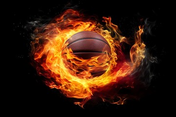 A basketball engulfed in flames on a black background.