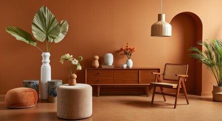 Mid-Century Modern Living Room Interior Design with Earthy Tones and Lush Greenery