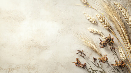 Aesthetic arrangement of dried flowers and wheat on textured surface, showcasing nature's beauty and rustic charm.