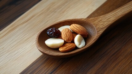 Nuts and Dried Fruits in Wooden Spoon