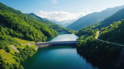 Scenic Hydropower Reservoir in Lush Green Mountains