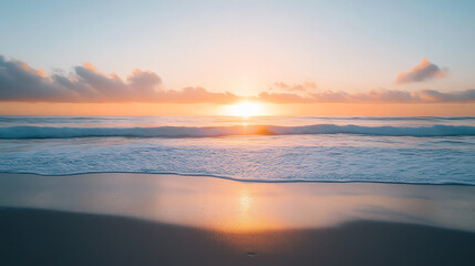 Fototapeta premium Breathtaking sunset over tranquil ocean waves, highlighting serene beach vibes and vibrant sky colors.