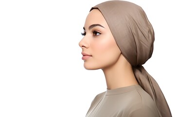 Fototapeta premium A beautiful young woman in a headscarf looks to the side against a white background.