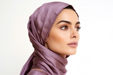 A beautiful woman with long dark hair wearing a purple hijab, looking away from the camera, against a white background.
