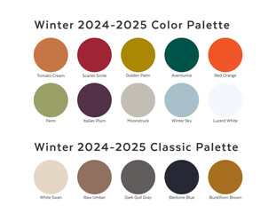 Autumn Winter 2024 - 2025 Color Palette with Round Paint Chip Samples. Future Color Trend Forecast. Saturated and Classic Neutral Colors Set. Named Color Swatches Included in EPS File.