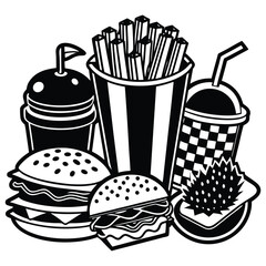 set of delicious fast foods on white background