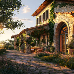 Obraz premium Charming Mediterranean Villa Surrounded by Lush Greenery at Sunset - The outdoor seating and vibrant garden create an inviting and tranquil ambiance at sunset.