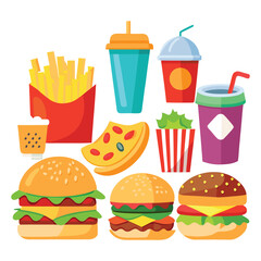 set of delicious fast foods on white background