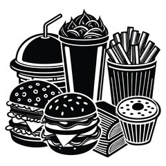 set of delicious fast foods on white background