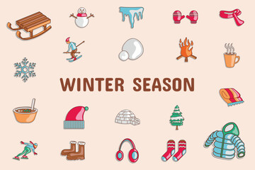 Winter Season Lineal Color Vector Illustration Icon Sticker Set Design Materials