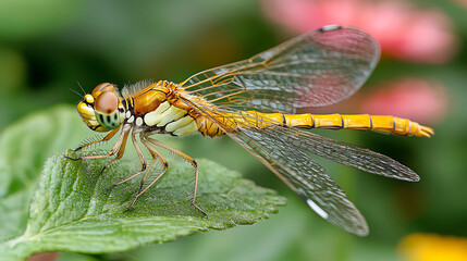 close up of vibrant dragonfly resting on green leaf, showcasing its intricate wings and colorful body against blurred background of flowers