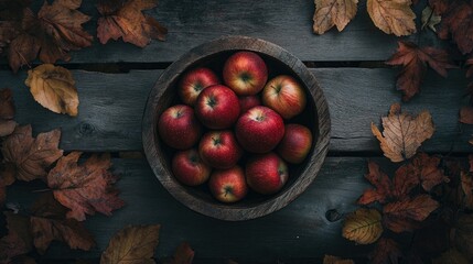 Fresh Red Apples in Wooden Bowl Surrounded by Leaves