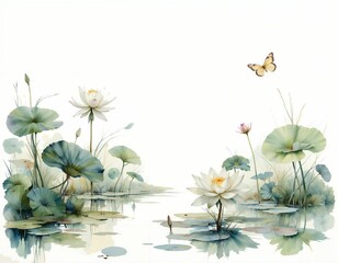 Lotus Blossom Serenity on Water, Water Color Painting