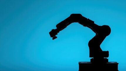 An industrial robot arm silhouetted against a solid blue background, minimalist illustration