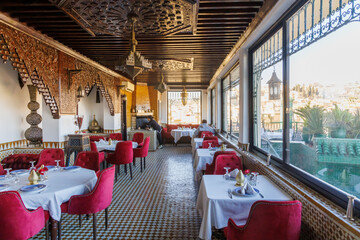 Restaurant tables and chairs in Fez Morocco