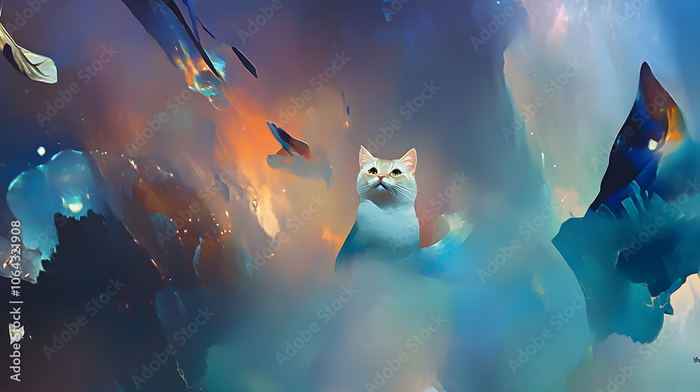 Poster A surreal scene featuring a cat amidst colorful cosmic abstract clouds and shapes, blending elements of fantasy and space.