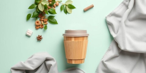 Stylish eco friendly gray bamboo cup on mint background for bring your own cup concept reduce plastic waste sustainable lifestyle, top view, reduce plastic waste, sustainable lifestyle