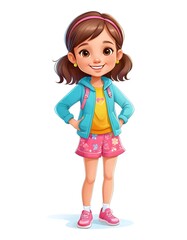 Joyful Cartoon Young Woman with Bright Smile Charming Cartoon Girl in Trendy Outfit Cute Cartoon Short Girl in Colorful Clothes Friendly Cartoon Female Character with Lively Expression Happy Cartoon W