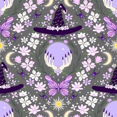Purple Crystal ball and wiched witch magic hat seamless pattern. Cresent moon butterfly magnolia flower background. Good for fabric, fashion design, textile, wallpaper, wrapping paper.