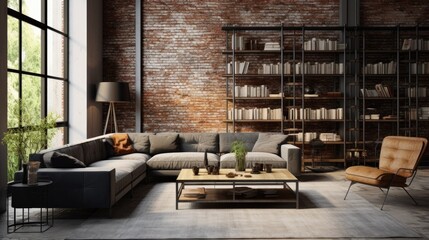 3D render depicts a minimalist living room with a couch, coffee table, chair, bookshelf, and a large window, ideal for interior design showcases, real estate listings, and decor portfolios