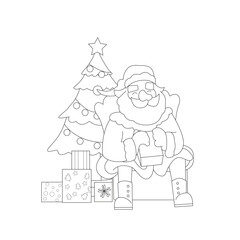coloring book line art santa claus sitting holding a gift with a Christmas tree with some gift's underneath.