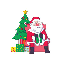 cartoon santa claus sitting holding a gift with a christmas tree there are some gifts underneath.