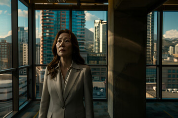 Fototapeta premium A professional businesswoman stands thoughtfully in an office building, gazing out at an urban skyline during sunset. Capturing confidence, ambition, and the dynamic city life environment.