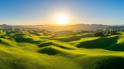 Naklejka premium Sunkissed hills, a breathtaking landscape of rolling green hills bathed in sunlight