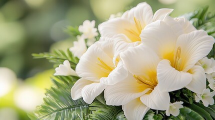 Fototapeta premium White Lilies with Green Foliage Floral Arrangement Bouquet Wedding Flowers Nature Be