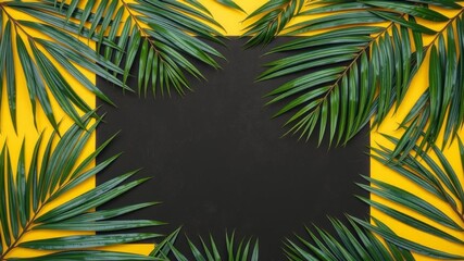 Summer composition with tropical palm leaves, a black photo frame, on a yellow background Flat lay top view with copy space for a nature concept, nature concept, tropical, flat lay