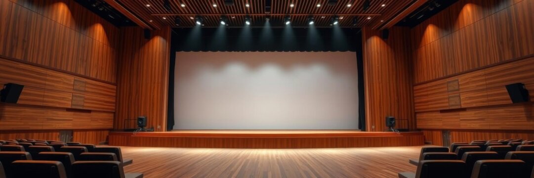 Three empty wooden podiums of varying heights placed on a well-lit stage against a wooden wall in a spacious room, ideal for advertising and presentation concepts, empty, room, stage