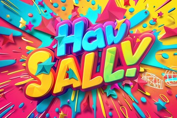 A colorful and fun 3D text design with the words "Haw Sally" in a cartoon style with a burst of color and stars in the background.